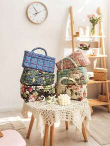 1pc Vintage Floral Print Quilted Diaper Caddy, Toy Storage Basket, Embroidered Diaper Organizer For Newborns, Toys And Supplies - Multicolor - View 3