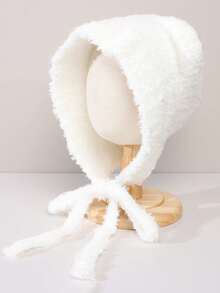 1pc Cute Tie-Up Bear Knit Beanie Hat, Warm Ear Ion, Solid Color, Windproof Outdoor Ski Cap, Autumn/Winter