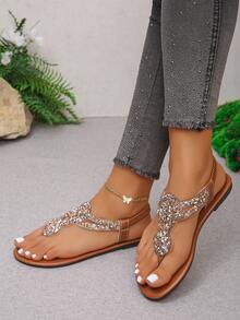 大码 35-45 时尚圆头女士平底凉鞋,夏季露趾锈棕色水钻人字拖轻便女士凉鞋,沙滩装,人字拖 - 銹棕色-香檳鑽 - 查看 4