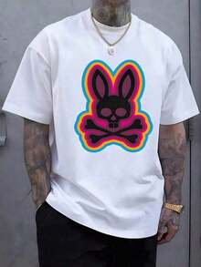 Camiseta de algodón para hombres con patrón de calavera de conejo de neón de huesos cruzados que simboliza la rebelión juguetona y la actitud desafinada 4Y09 - Blanco - Ver 8
