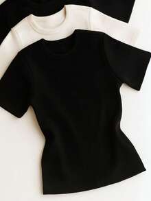 Set Of 3 Women's Basic Elegant Short-Sleeve Ribbed Blouses - Đen/ Trắng/ Đen - Xem 3