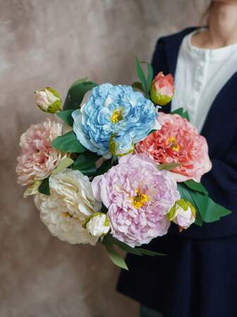  1 pieza Flor artificial de peonía de alta calidad con borde quemado y doble cabeza - Ramo de flores falsas de estilo vintage para decoración del hogar.