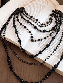 1pc Fashionable Elegant Retro Black Beaded Necklace, Multi-Layer Acrylic Necklace Suitable For Women's Daily Wear, Parties, Festivals, Gatherings, Daily Gifts, Jewelry Gifts - Black - View 5