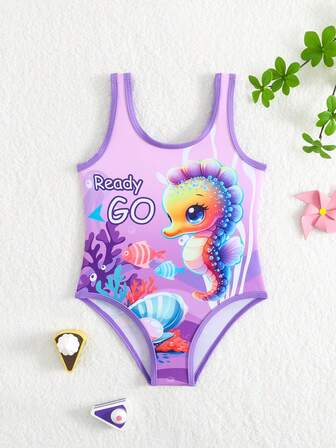 Young Girl Cartoon Seahorse Print One-Piece Swimsuit, Summer Holiday