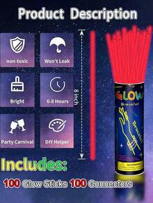 15/50/100 قطعة من أعواد الإضاءة الفلورسنتية الحمراء. هذه هي تجهيزات الإضاءة الزخرفية التي يمكن أن تضيء في الظلام. لها وقت إضاءة من 8-12 ساعة ويمكن أن تصدر ضوءًا. - الأحمر - مشاهدة 2