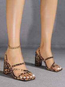 Giày sandal cao gót họa tiết da báo cho nữ, sandal cao gót mũi vuông đế dày, dép cao gót đa năng, giày cao gót da mềm mại thoải mái, mũi vuông đế dày giúp kéo dài đôi chân, dép màu trơn thoải mái, trang phục mùa xuân hè. - Nhiều màu - Xem 3