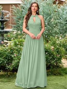 MIUSOL Đầm dạ hội hở lưng, chất liệu chiffon phối ren hoa đính sequin, màu tương phản, xếp ly, thích hợp cho khách dự đám cưới, lễ tốt nghiệp, tiệc chiêu đãi và các dịp khác trong mùa hè. - Màu xanh Bạc hà - Xem 6
