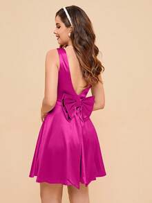 Chic Women's Pink Backless Satin Cocktail Dress Mini Length With Flared Hem And Bow Detail Glamorous Sleeveless Style - Hot Pink - View 3