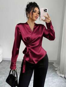 Women's Shiny Fabric Shirt With Side Tie And Puff Sleeve, Versatile And Stylish Fall Cloth For Women Spring - Purple Rose Red - View 6