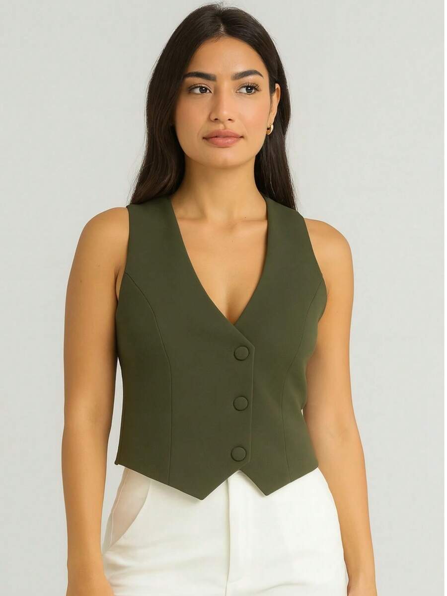 Women's Short Lined Tailored Vest With Buttons, Formal, V-Neck - Dark Green - View 1