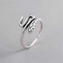 Anillo de diseño geométrico de animal, anillo simple para mujeres, anillo abierto ajustable de serpiente envuelta - Plata tailandesa vintage envejecida - Ver 1