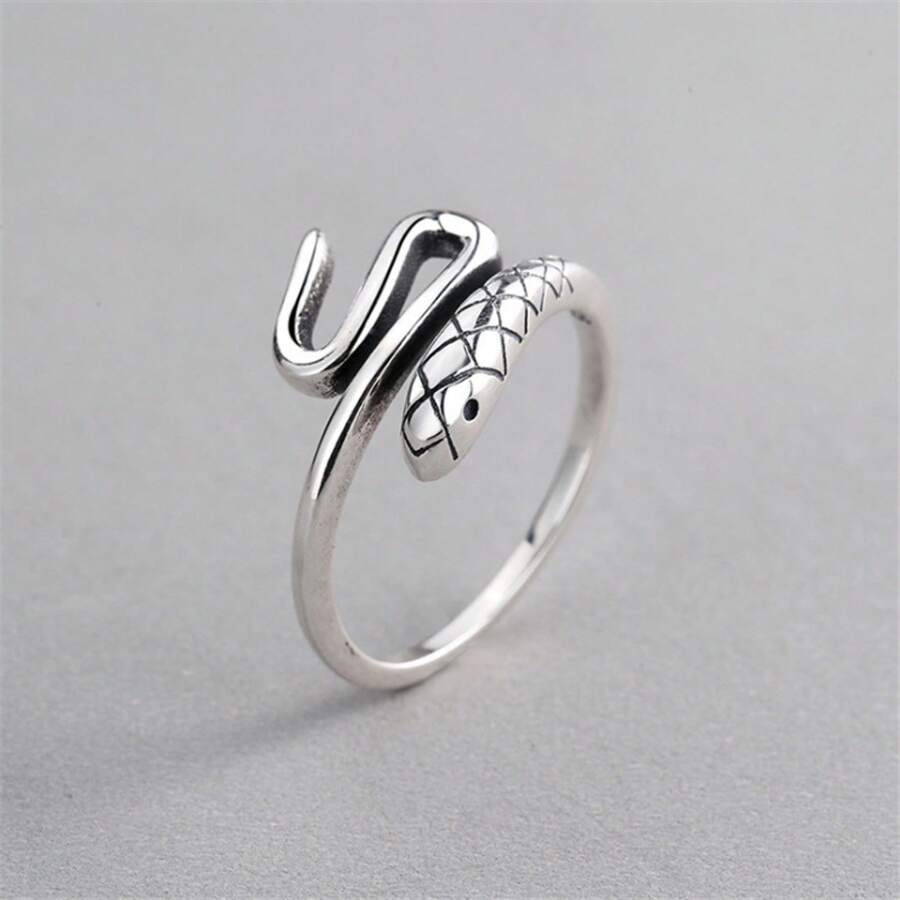 Anillo de diseño geométrico de animal, anillo simple para mujeres, anillo abierto ajustable de serpiente envuelta - Plata tailandesa vintage envejecida - Ver 1