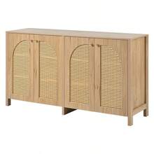 Aparador moderno de estilo minimalista, 4 puertas de ratán, tirador de metal, mueble buffet sencillo para comedor, salón, cocina (blanco) - Color natural - Ver 6