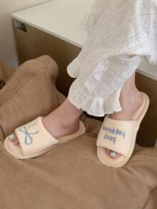 XIXITIAO 1 Pair Letter & Bow Embroidered Flat Slippers, Girly Style, Versatile Indoor Casual Soft Bottom Slippers For Women, Autumn/Winter - Beige - View 7