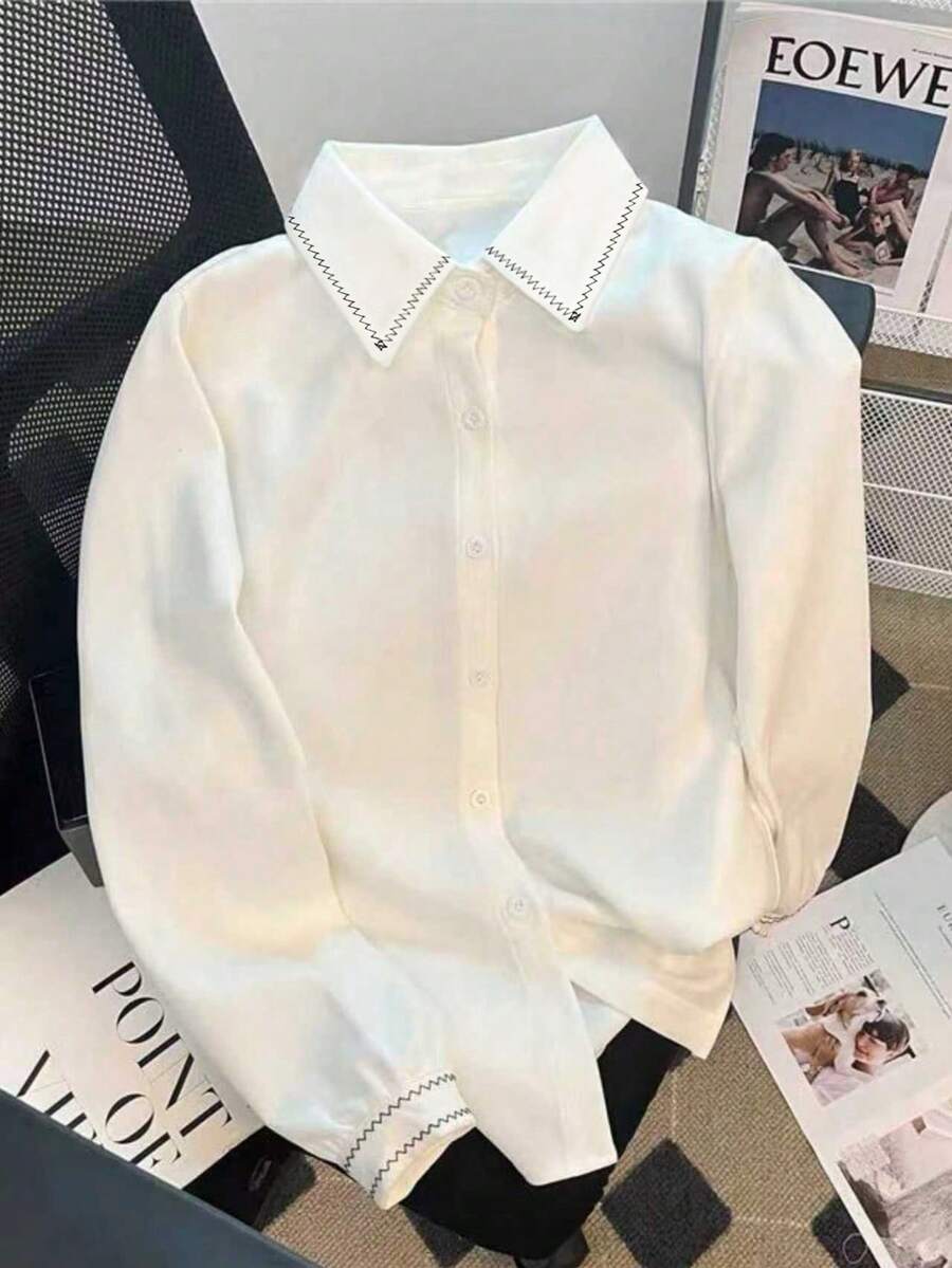 Áo sơ mi nữ dài tay dệt kim cổ điển, có đường may trang trí ở cổ áo và cổ tay, màu trắng, thích hợp cho mùa xuân. - trắng - Xem 1