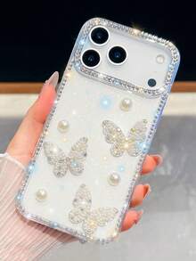 奢华水钻闪亮镜头保护膜，3D可爱珍珠蝴蝶手机壳，兼容 17 Pro Max、17 Pro、17 Air、17、16、15、14、13、12 Pro Max、11，防震保护后盖 - 乳白色 - 查看 1