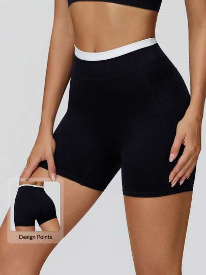 MASKERT Women's High-Waisted Sports Shorts, Color-Blocking Waistband Design, Slim-Fitting & Shape-Enhancing, For Yoga, Fitness And Cycling