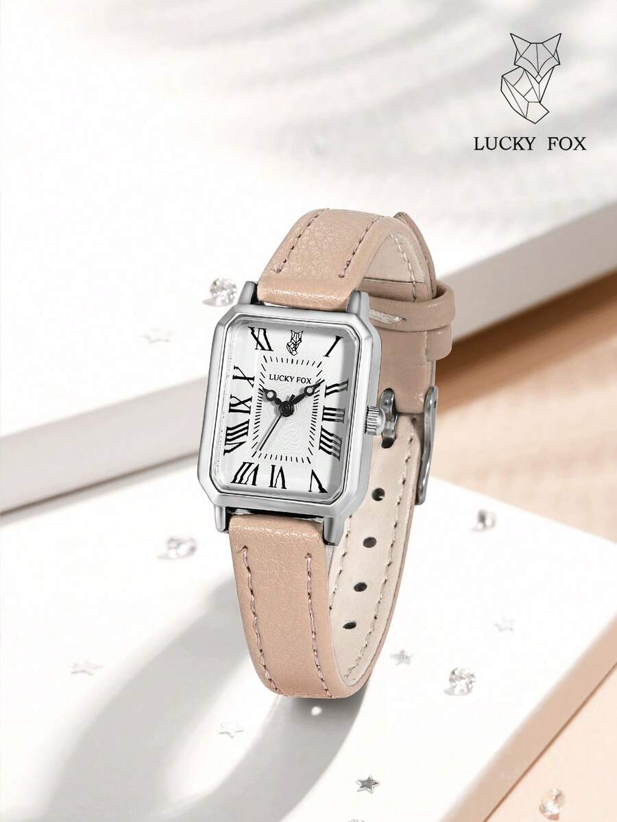 LUCKYFOX 1 chiếc đồng hồ nữ kiểu dáng đơn giản, thường ngày, công sở, vỏ hợp kim kẽm, máy quartz, mặt vuông, dây da, thích hợp cho sinh hoạt hàng ngày, Giáng sinh, Năm mới, Ramadan. - Màu be - Xem 1