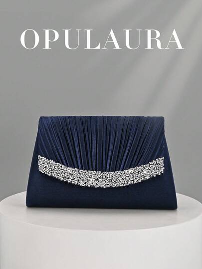 OpulAura Autumn/Winter Holiday Pleated Mini Clutch Bag. Sparkling And Glamorous Rhinestone-Embellished, Elegant And Fashionable Envelope-Style Handbag, Designed For Women, Suitable For Parties, Weddings, Evening Events, And Gatherings. An Ideal Choice For Women Attending Parties, Weddings, Graduations, And Formal Dinners/Banquets, And A Great Gift Option.