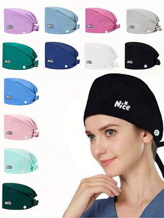 1pc Women's "Nice" Letter Pattern Polyester Work Cap/Nurse Cap, With Sweatband Lining And Adjustable Strap, Suitable For Veterinary, Beauty Salon, Doctors, Nurses And Cleaning Workers