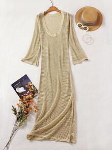 Sexy Knit Hollow Out Crochet U-Neck Beach Maxi Dress Swimsuit Cover Up Women's Elegant Long Sleeve Backless Bodycon Dresses Resort Wear Outfit - Màu Khaki - Xem 8