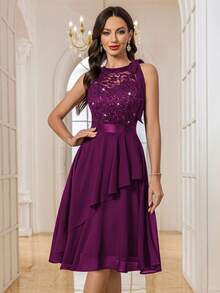 MIUSOL 亮片花卉蕾丝拼接露背派对礼服，适合生日、婚礼宾客、晚宴及其他场合，夏季优雅之选。 - 紫紅色 - 查看 7