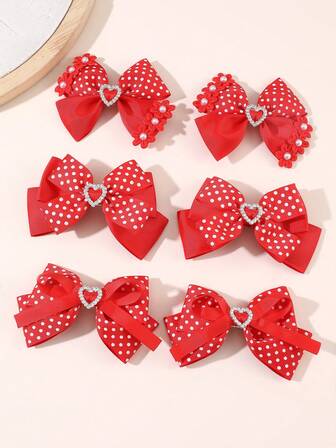 2pcs/6pcs Girls Polka Dot, Heart, Rhinestone, Pearl, Flower, Red Bow Hair Clip Set