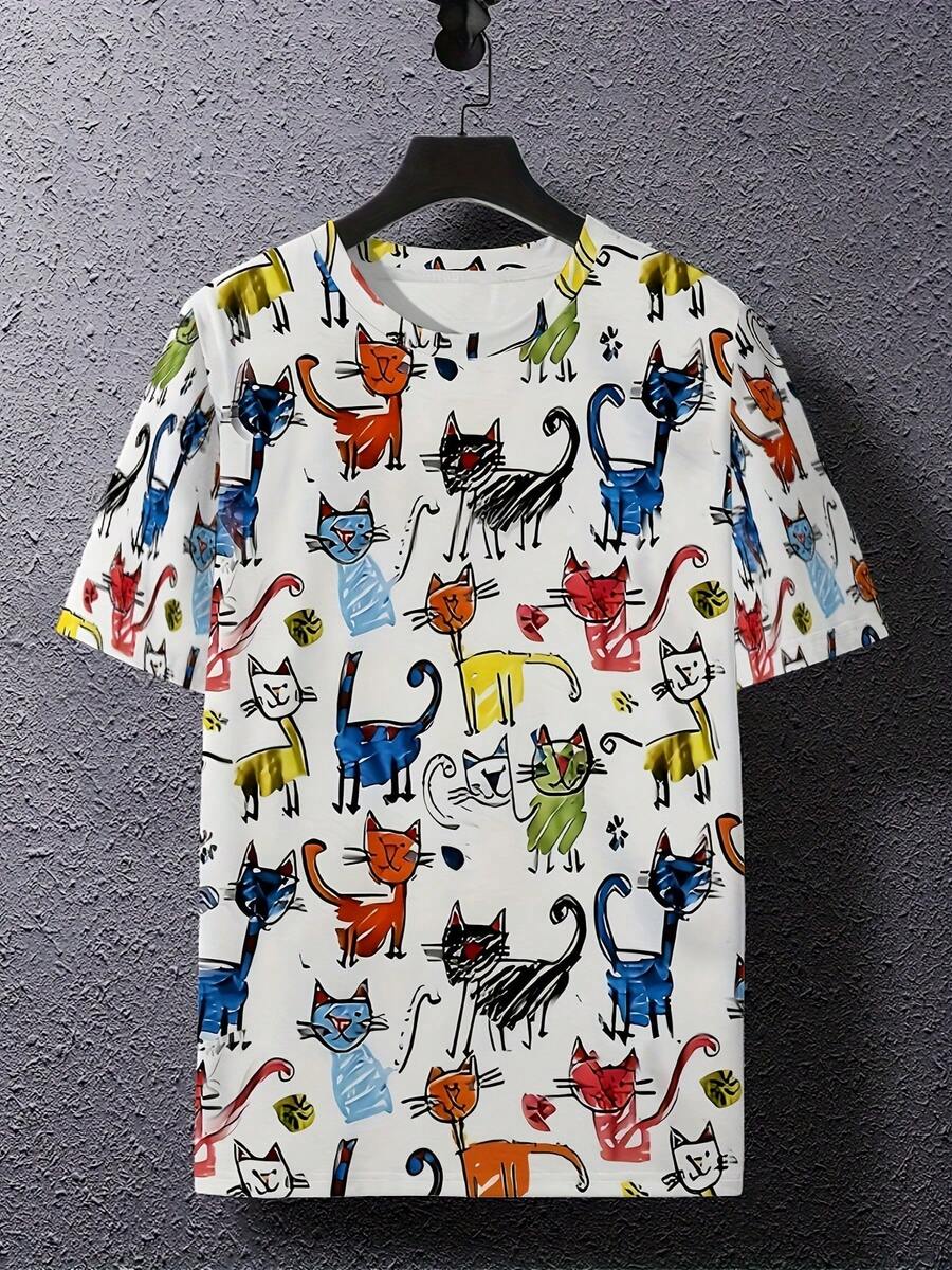 Men's 3D Print Cat Face Novelty T-Shirt - Colorful Cartoon Cats With Expressive Eyes, Round Neck Short Sleeve Casual Summer Tee, Breathable & Machine Washable For Themed Events & Casual Attire - Màu sắc hỗn hợp - Xem 1