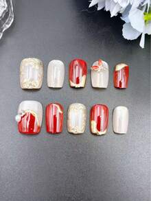 10片手工美甲贴纸，红色短梯形，香氛风格，法式美甲，按压式美甲贴纸，适合新年、情人节、UV灯美甲、夏季、日常佩戴，优雅设计，高端法式风格，凝胶抛光