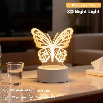 1 st USB-driven 3D-fjärilsnattlampa - Kreativ fjärilsdesign, Lämplig för heminredning, Perfekt för vardagsrum och sovrum, Perfekt födelsedags- eller högtidspresent