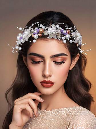 1pc Pearl Flower Alloy Decor Elegant Crystal Flower Headband, Suitable For Wedding, Holiday Party, Date, Birthday, Casual, Christmas, Valentine's Day, Women Hair Accessories