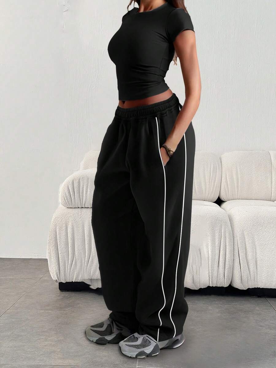 Pantalones de chándal sueltos y casuales de unicolor con cintura elástica, para invierno - Blanco y Negro - Ver 1