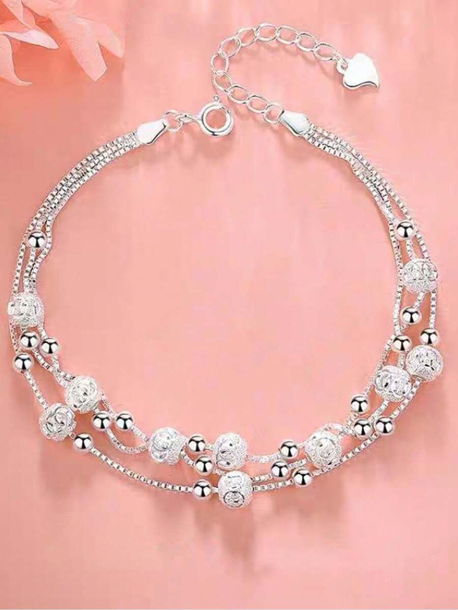 New Lightweight Luxury Layered 925 Sterling Silver Beaded Bracelet - Multicolor - View 1