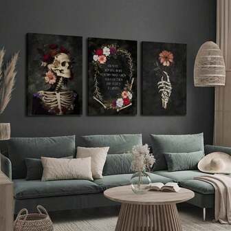 Juego de 3 impresiones en lienzo con arte decorativo, decoración de pared de estilo gótico, diseños de calavera floral y esqueleto, arte de temática de terror y decoraciones de pared para el hogar.