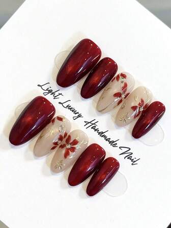 10片亚克力按压式美甲贴片，短杏仁形假指甲，美甲用品，酒红色亮面与底色碰撞，饰以金色图案花朵，散发轻盈奢华与优雅，适合各种场合，红色美甲，金色美甲，适合女士在婚礼、派对、节日中使用，美甲工具礼品。