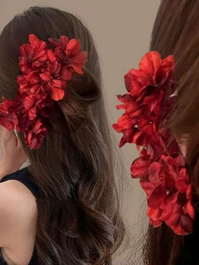 1pc Chinese Style Hair Stick - Burgundy Hibiscus Flower Hair Clip, Decorated With Red Flowers And Green Leaves, Suitable For Weddings And Daily Hairstyles, Can Be Used For Buns, Braids, Ponytails - Traditional Hair Accessory, Fits Asian Hairstyles, Retro Red Flower Hair Clip, Can Be Paired With Hanfu, Cheongsam And Bridal Floral Headpieces., Hair Styling Pins