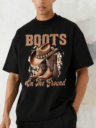 Sombrero vaquero marrón con estrella decorativa y botas de cuero con bordados detallados que evocan espíritu del oeste y fuerza aventurera camiseta de hombre 100% algodón confortable para uso diario