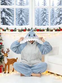 Women's Shark Pattern Hooded Pajama Jumpsuit With Pockets And Hood, Cozy Shark Pajamas For Winter, Cute Animal Home Sleepwear For Adults - Màu xanh nhạt - Xem 4