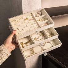 Velvet Stud Earrings Storage Box Three Layer Jewelry Organizer Dust Proof Drawer Design For Accessories Dressing Jewelry Box - White - View 6