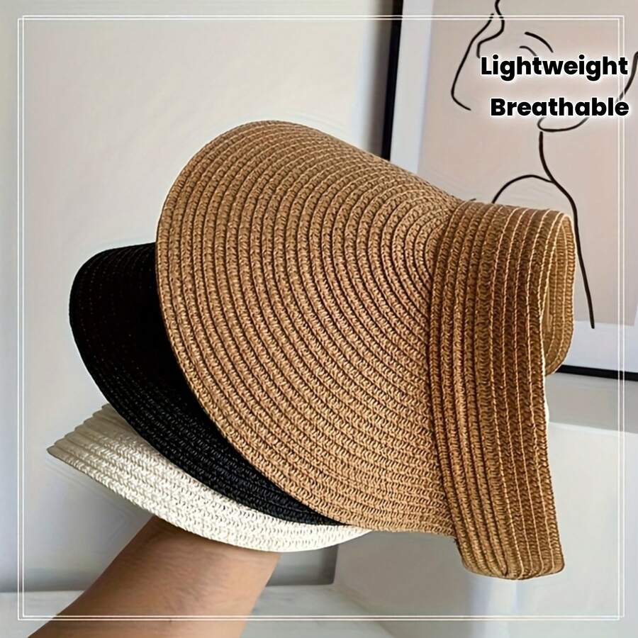 New Spring Summer Hat Women Outdoor Travel Sunshade Hat Wide Brim Foldable Hat Beach Straw Hat - 卡其色 - 查看 1