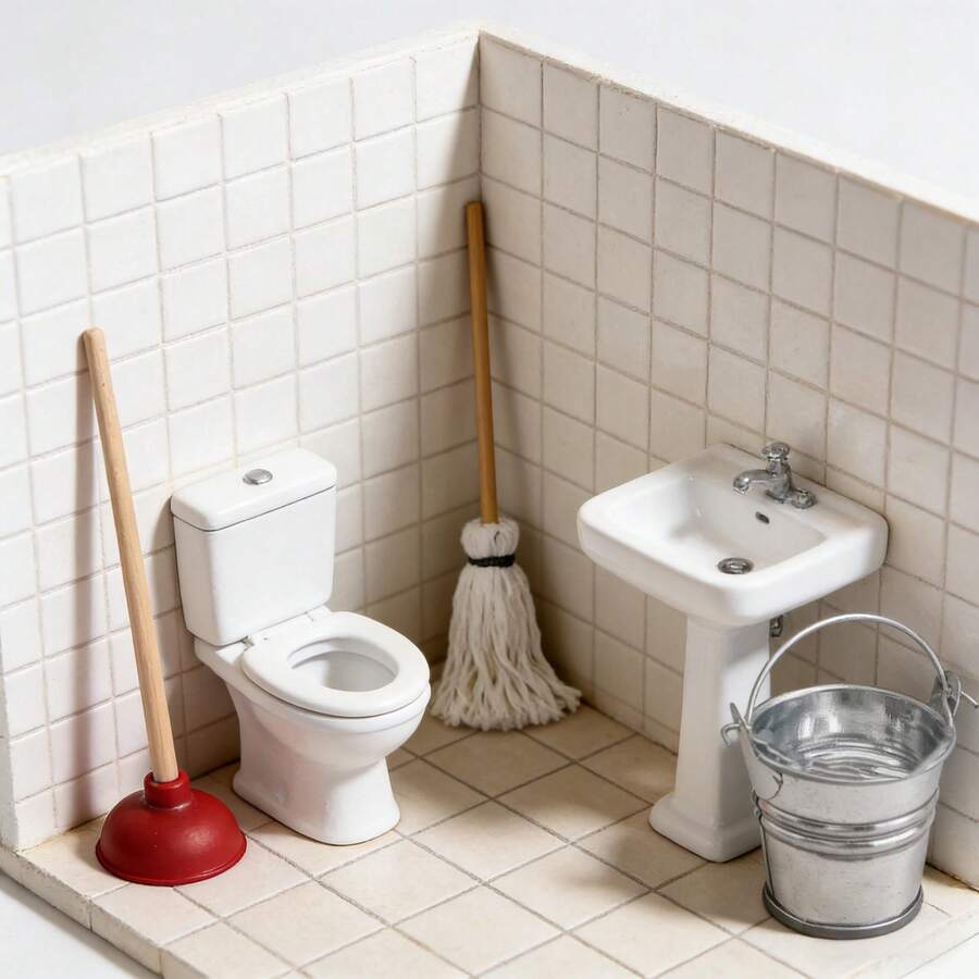 Bộ phụ kiện phòng tắm thu nhỏ tỷ lệ 1:12, gồm xô, bàn chải vệ sinh, chổi lau nhà, đồ trang trí nhà cửa thu nhỏ, mô hình thu nhỏ, đạo cụ trang trí cảnh quan tự làm. - Nhiều màu - Xem 1