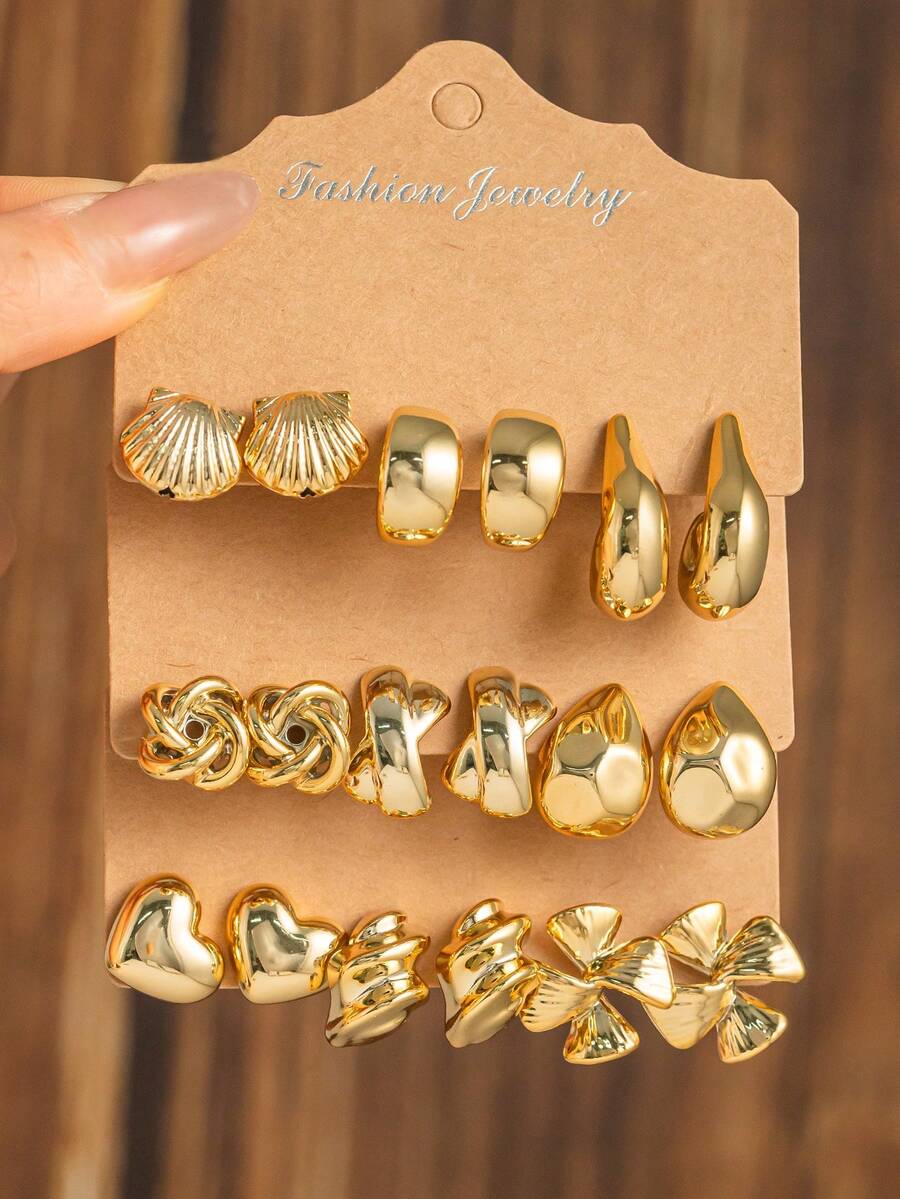 6-18pcs Mini Gold-Tone Earring Set (Includes Earring Studs), Heart & Bow Design, CCB Material, Suitable For Daily Wear - Gold - View 1