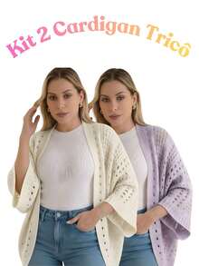 Set Of 2 Women's Cardigan Blouses, Knitted Cape, Openwork Knit, Autumn - 米白色/淡紫色 - 查看 1