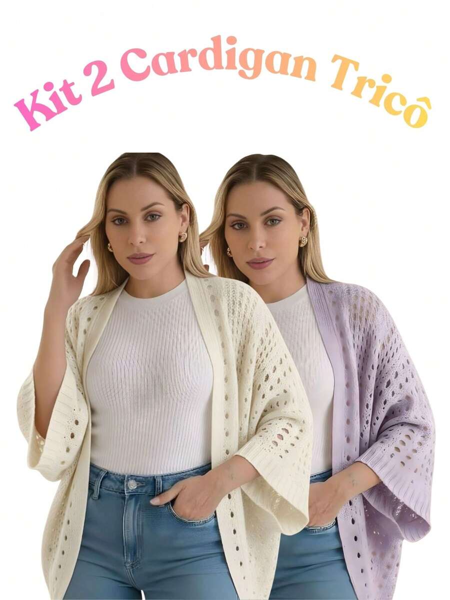 Set Of 2 Women's Cardigan Blouses, Knitted Cape, Openwork Knit, Autumn - 米白色/淡紫色 - 查看 1