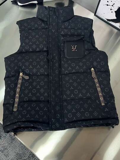 Autumn And Winter Styles, Fashionable, Fully Printed, Stand Up Collar, Thick, Durable, Vest Cotton Jacket, Men's Coat, Couple's Style.