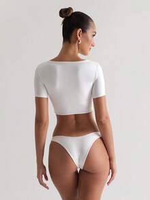 Summer Cropped Fitted Double-Layer Yoga Fabric Square Neck Top - White - View 5