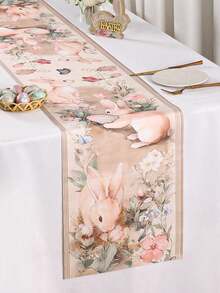 1pc Vintage Easter Table Runner, Featuring Rabbit, Eggs And Floral Patterns, 35*180cm Polyester Farmhouse Style Easter Table Runner, 2026 Easter Home Decor, Kitchen Dining Table Decoration, Spring Holiday Decor - Multicolor - View 3