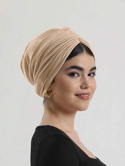 1pc Women's Classic Solid Color Chemo Turban Hat, High Elasticity & Pleated Design, Anti-Slip & Breathable, Multi-Layer Pleated Headscarf, Comfortable Soft Modal Knit Fabric, Suitable For Daily Wear With Hijab