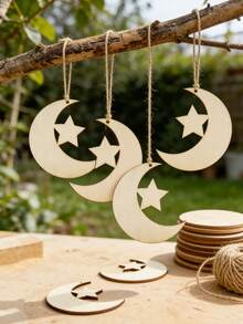 20-Pack Wooden Crescent Star-Shaped Hanging Ornaments, Eid Decorations, Gurbanaine Decorations, Wooden Gift Wrapping Tags, DIY Crafts, Handicrafts, Weddings, Birthday Parties, Ramadan Decorations, Eid Gifts, Holiday Gifts, Painting Supplies, Star And Moon Wood Chips, Holiday Gift Tags, Home Decor, Wooden Party Table Center Decorations