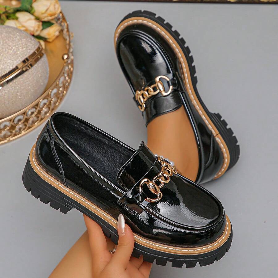 Retro British Style Bow Knot Slip-On Loafers Women, Platform Chunky High Heel Shoes For Spring/Autumn - Black - View 1